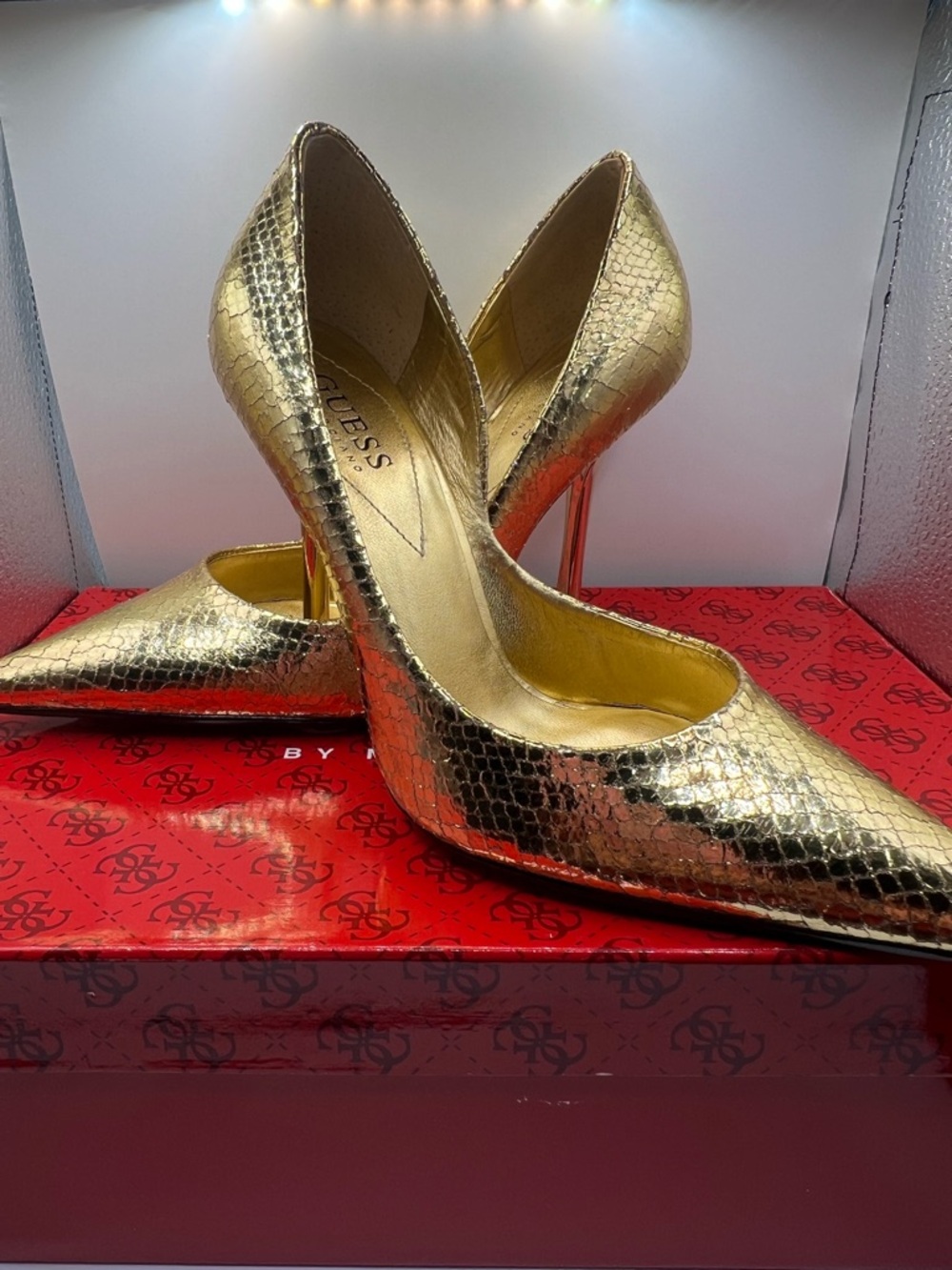 GUESS Gold Snake-Effect Pointed Toe Stiletto Pumps